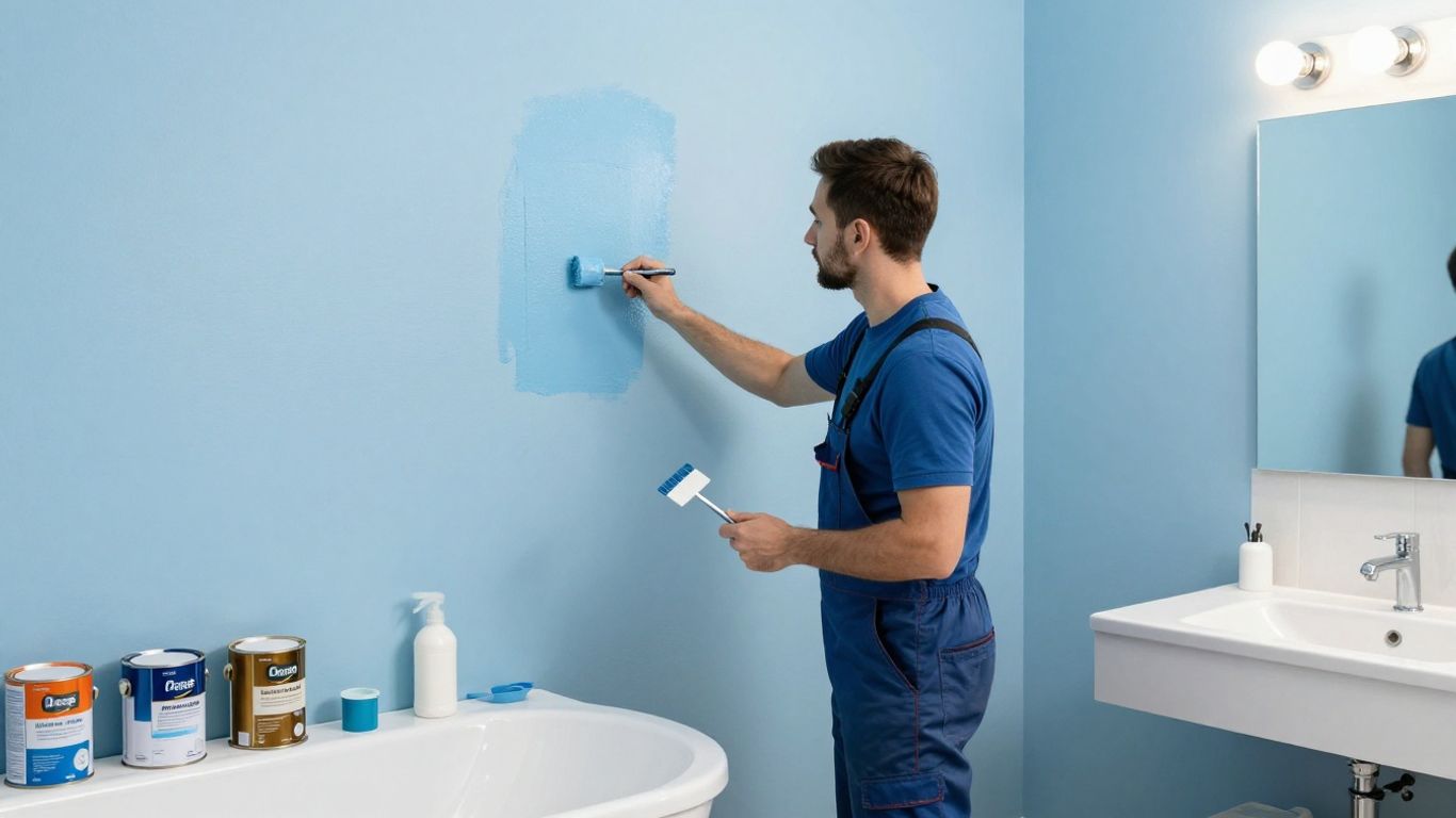 Professional painter repainting a bright blue bathroom.