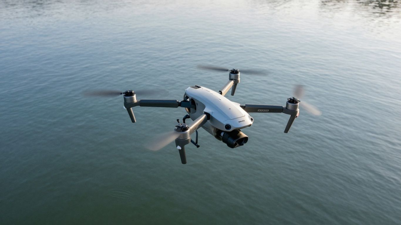 Xpece Fish More X7 drone hovering over a lake.