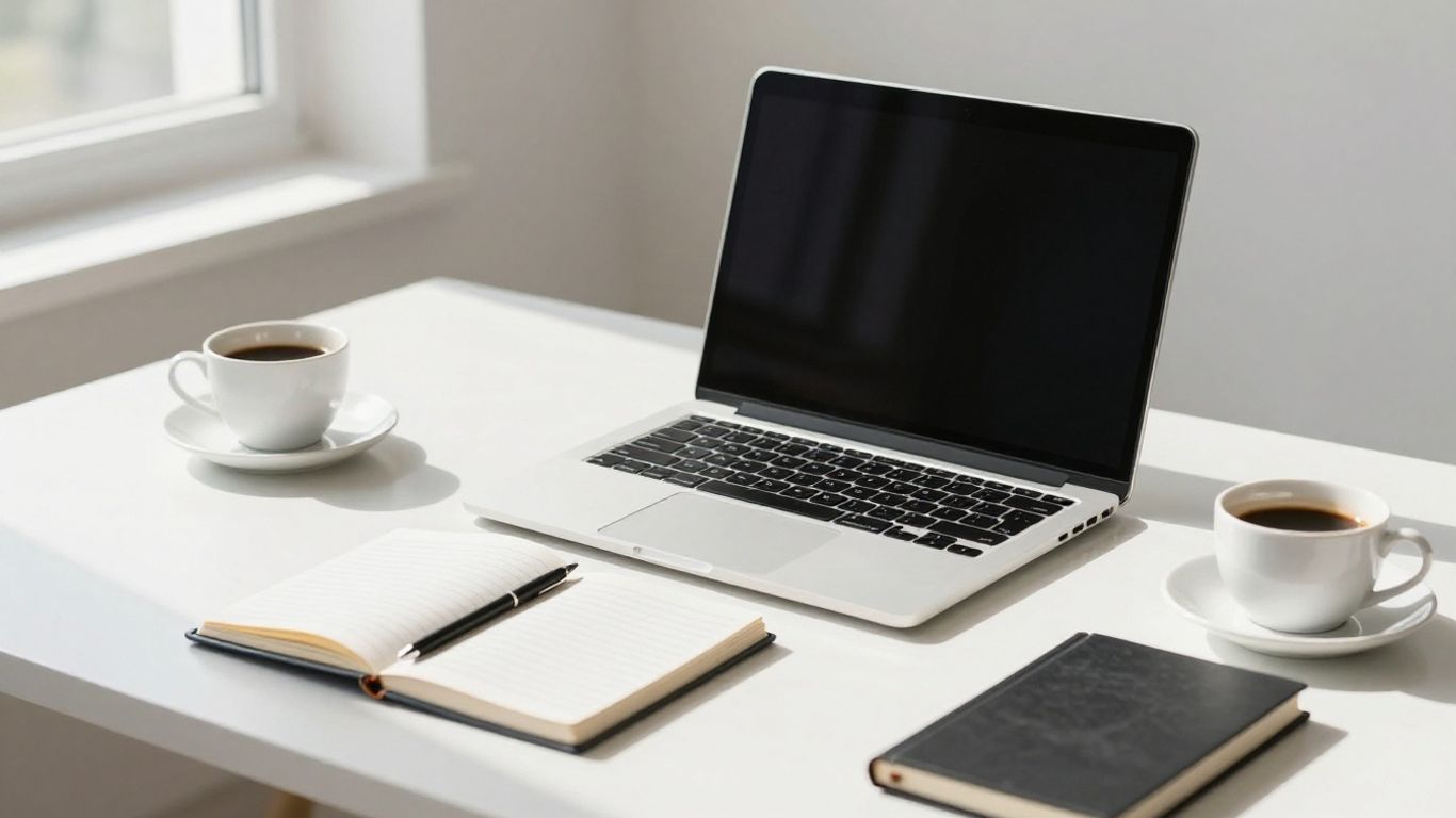 A clean, professional workspace with a laptop and documents