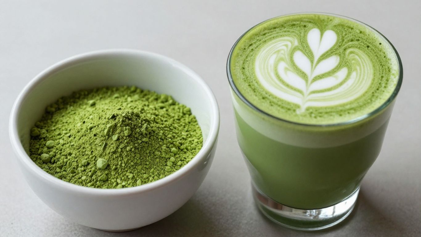 Matcha powder and a frothy matcha latte.
