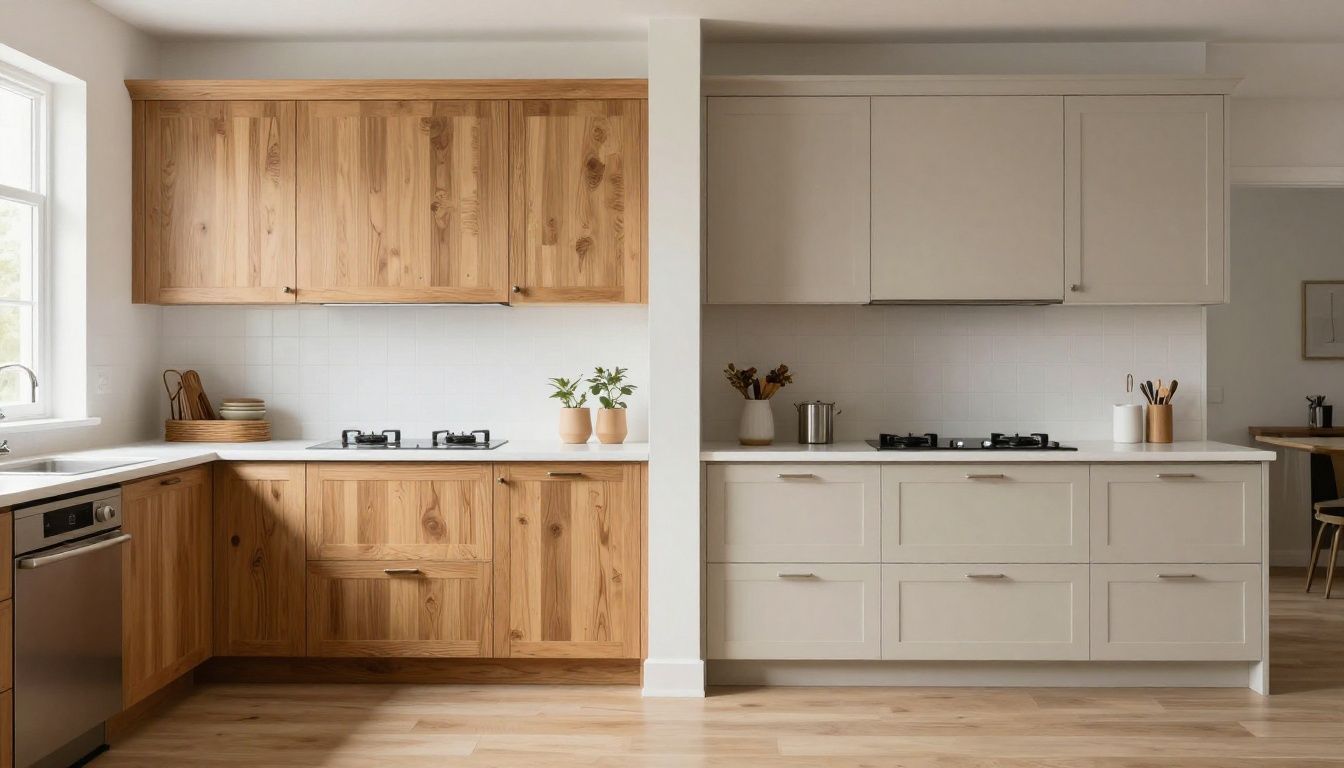 Example kitchen showing painted, grain-filled oak cabinets versus new slab cabinetry in modern style