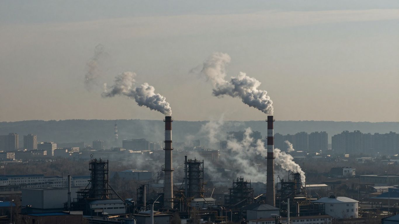 Paysage industriel avec des cheminées crachant de la fumée.
