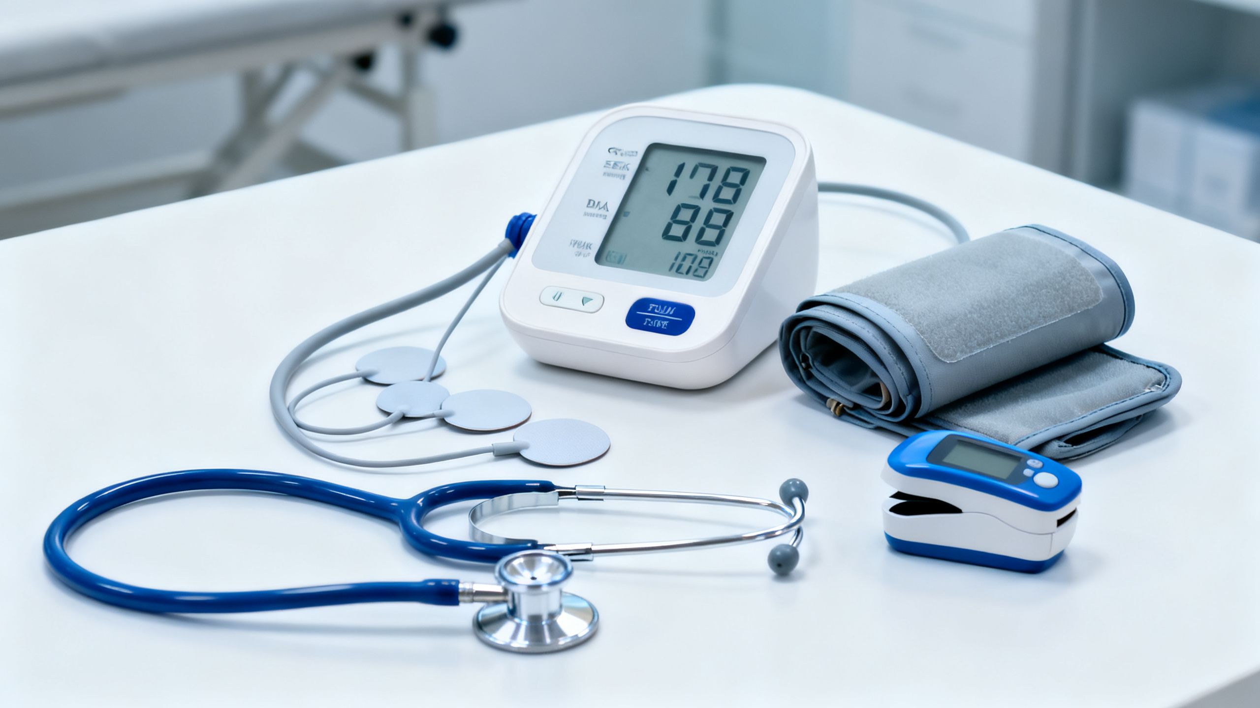 A professional medical setup featuring cardiovascular wellness testing materials