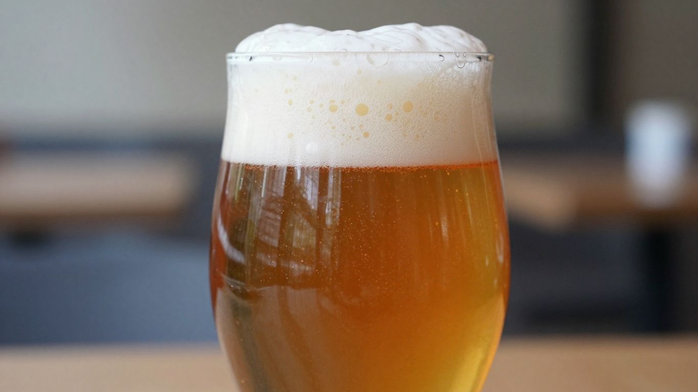 Glass of amber Bière de Garde beer with foamy head.