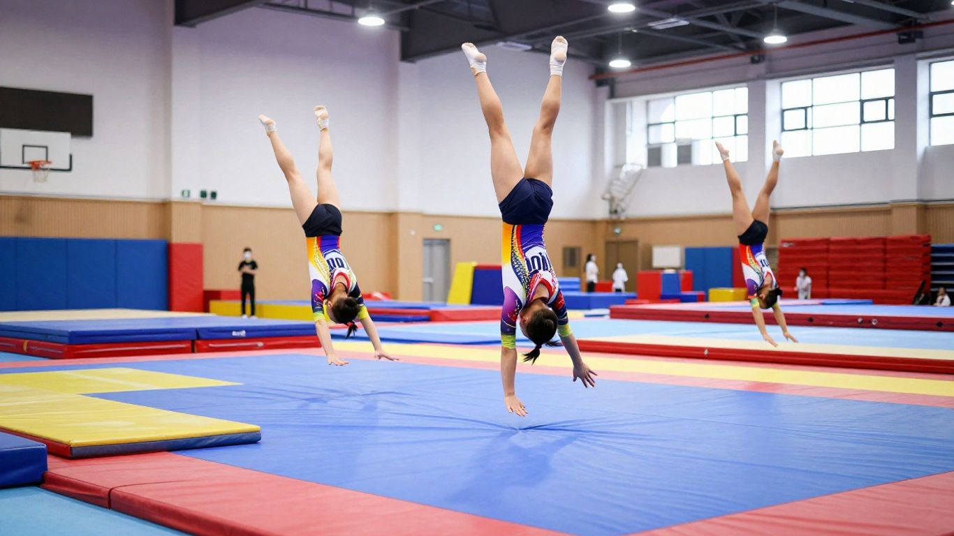 Gymnasts performing flips and tumbles in a bright gym.