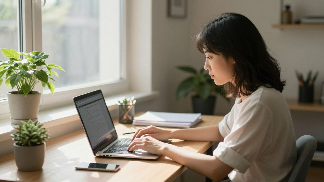 Affiliate marketing workspace with laptop and sunlight.