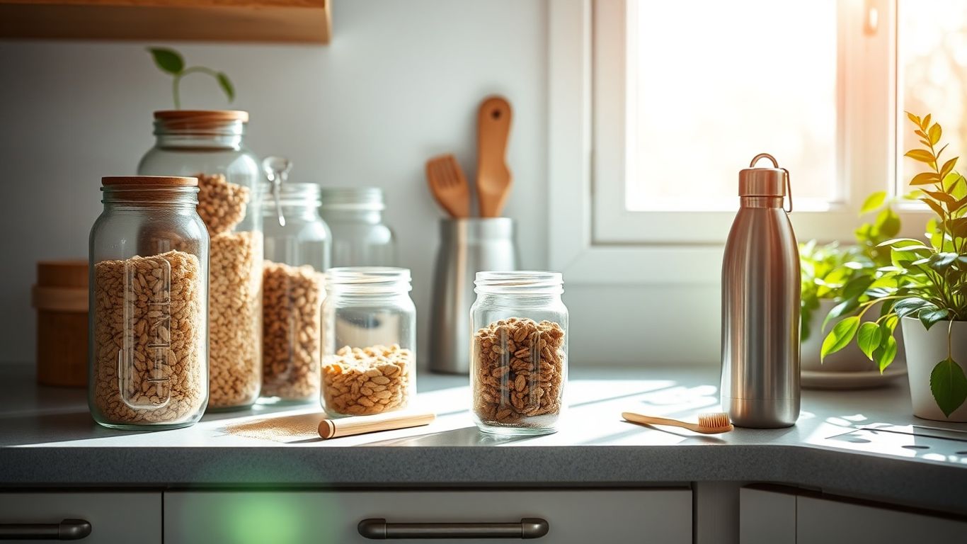 Sustainable kitchen items on a counter.