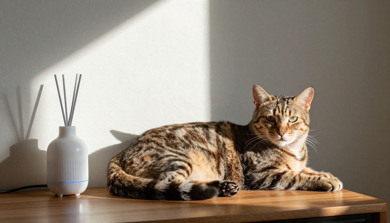 A calm tabby cat resting peacefully in a sunlit living room near a wall-plug pheromone diffuser