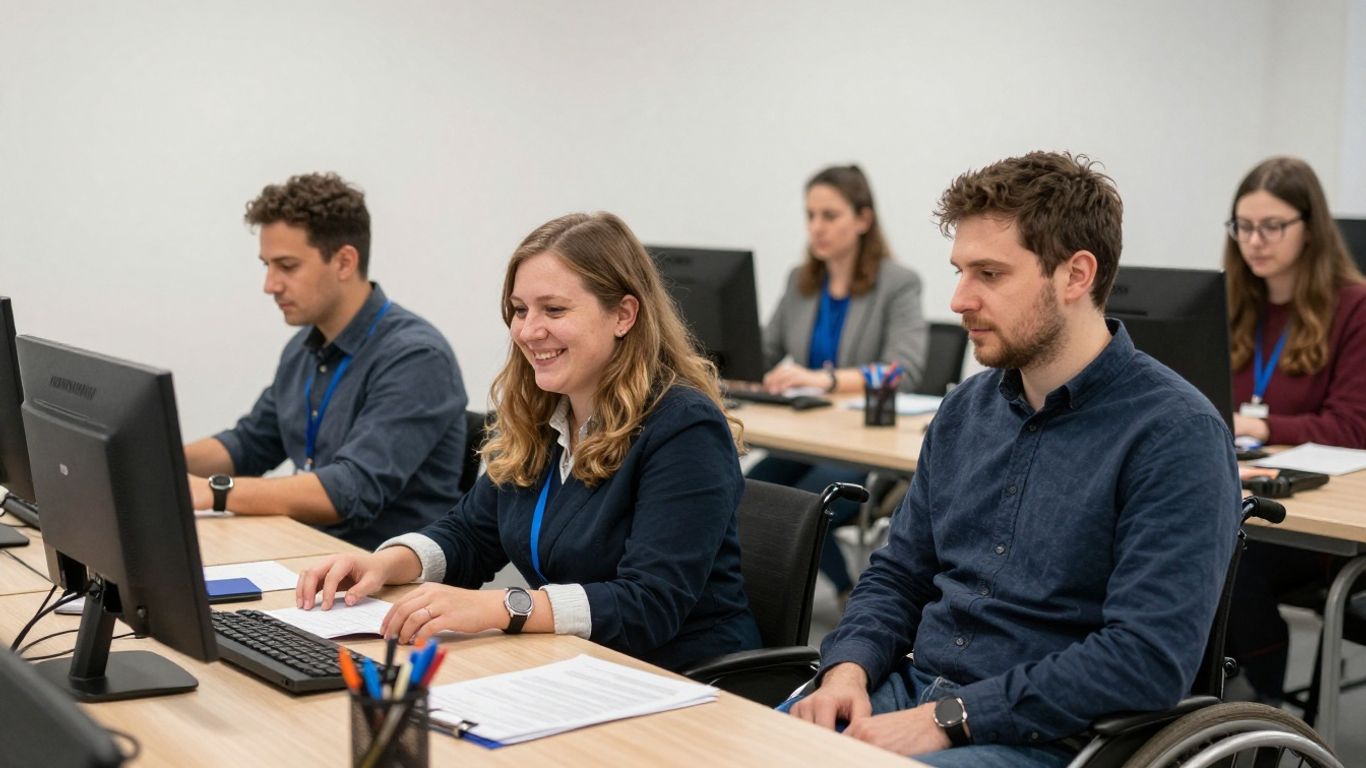 Menschen mit und ohne Behinderung arbeiten in Büros und Werkstätten.