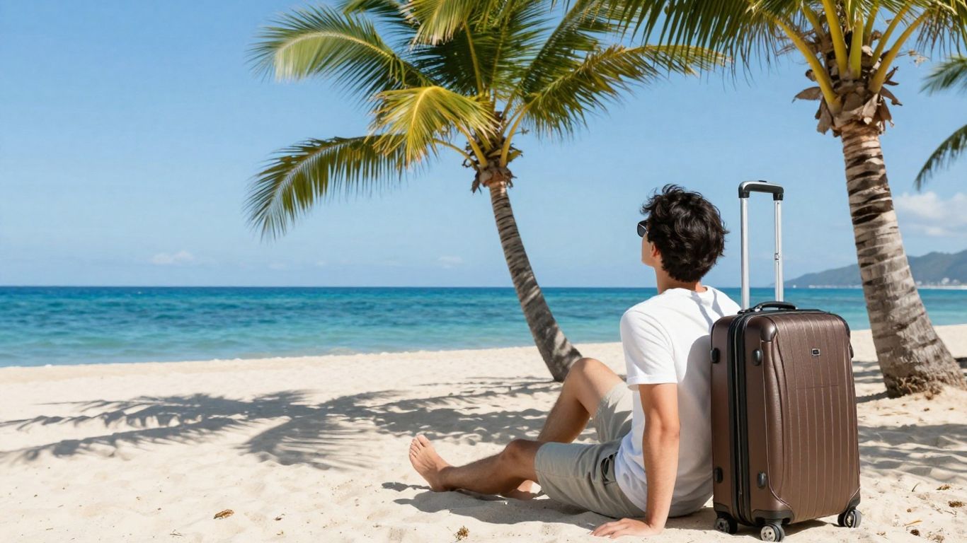 Person relaxing on a beach with a suitcase.