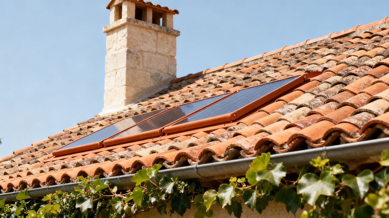 Toiture en tuiles avec panneaux solaires discrets