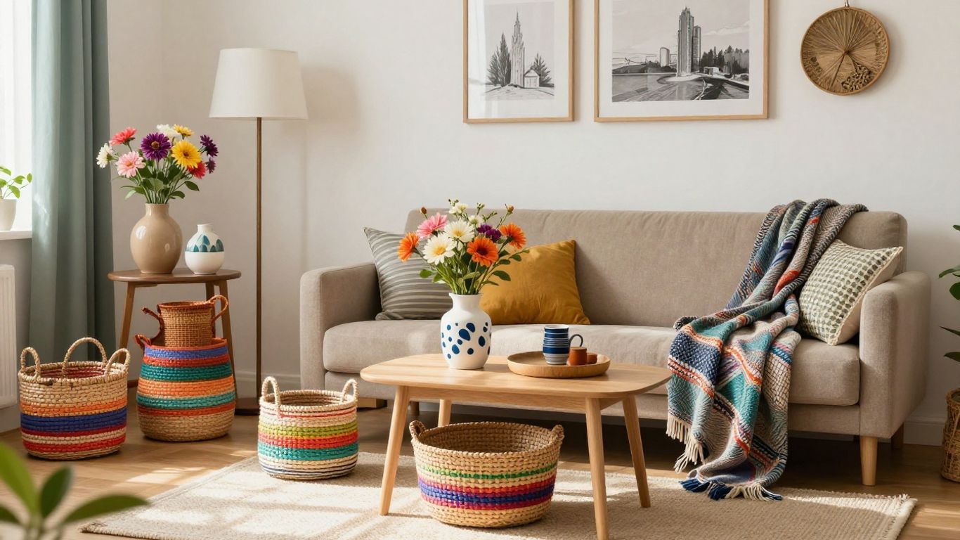 Cozy living room with handmade DIY home decor items.