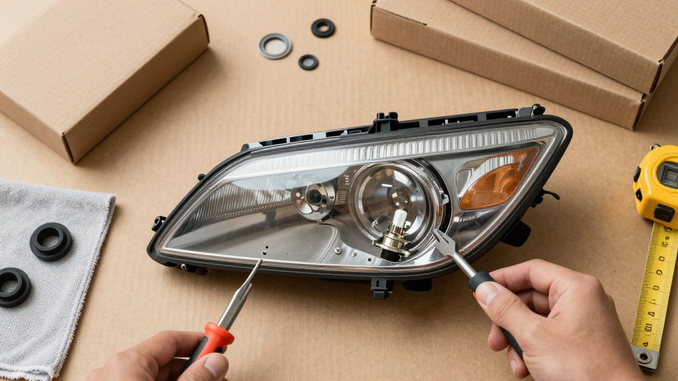 Packaged used headlight beside repair tools