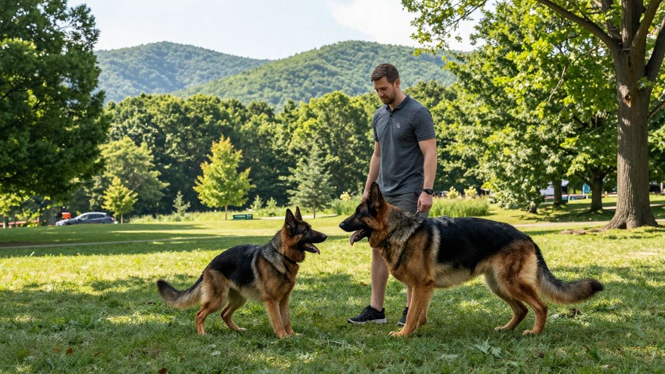 Dog training session in a park with handler.