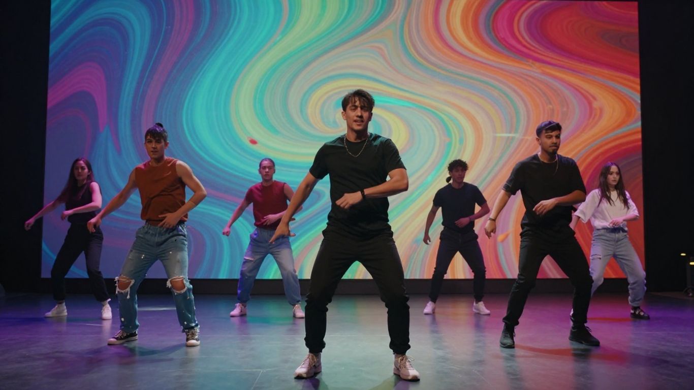 Dynamic dancers in a vibrant, abstract music video.