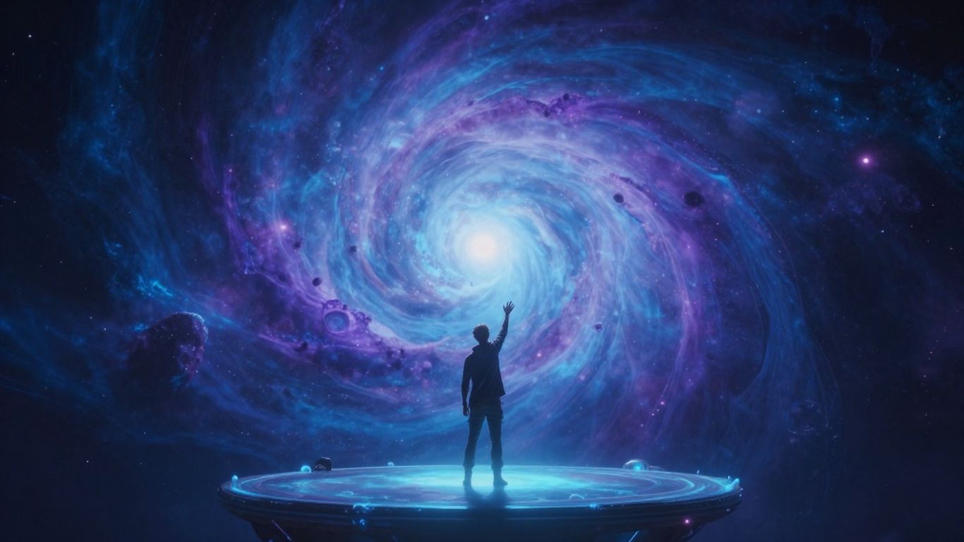 Figure reaching for light in a digital nebula.