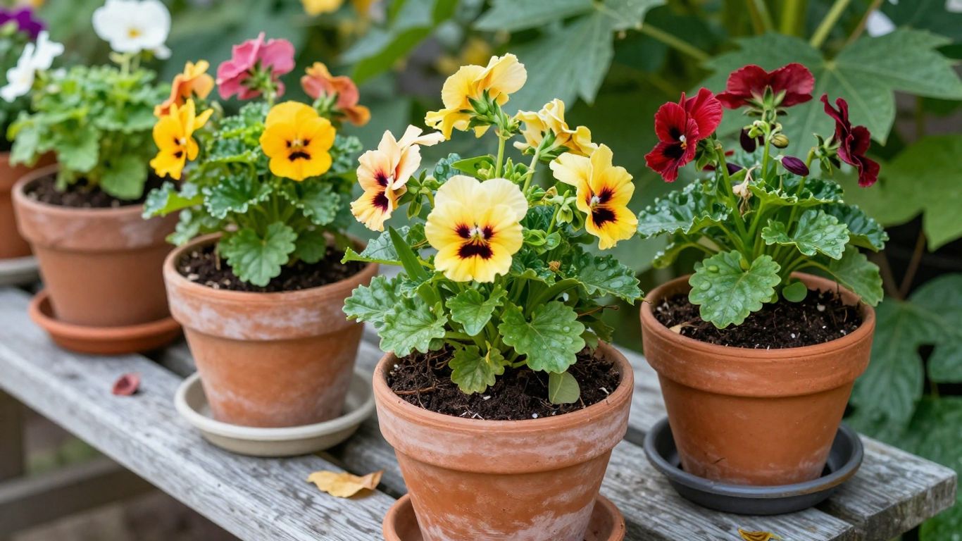 Colorful flowers in terracotta pots with rich soil