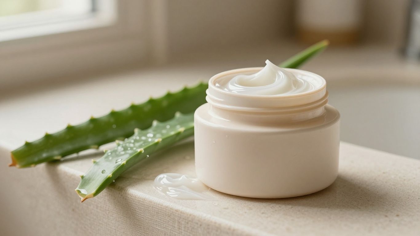 Crème hydratante posée près de feuilles fraîches