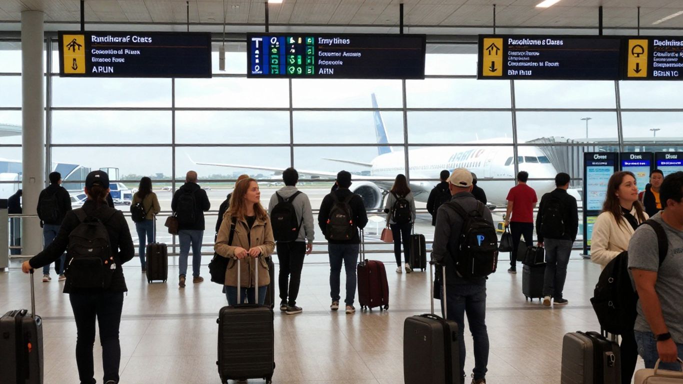 International airport terminal with travelers and airplanes.