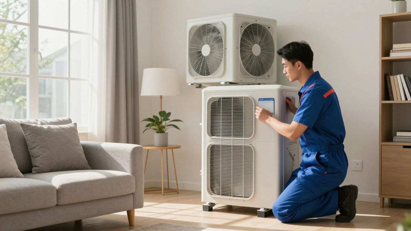 HVAC unit and technician in a home.