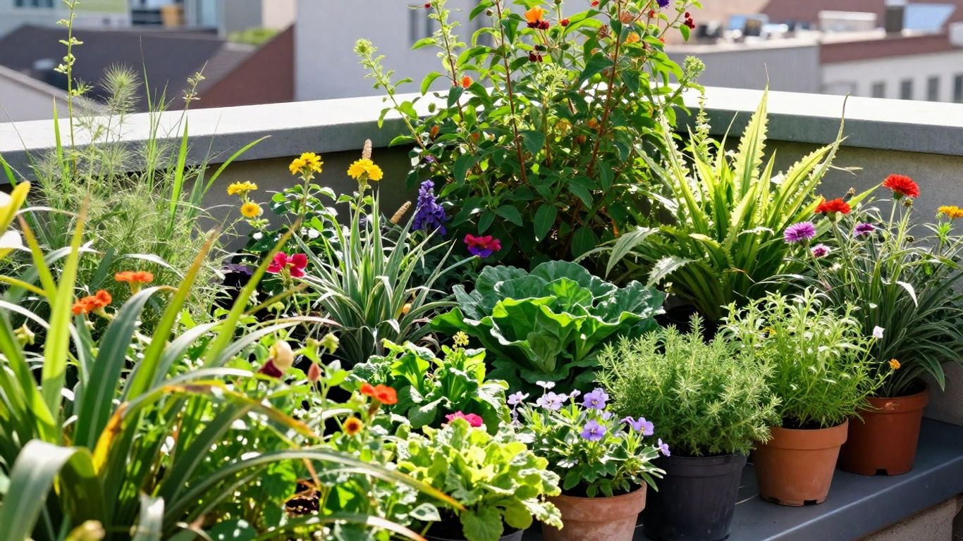 Grüner Balkon mit vielen Pflanzen und Blumen