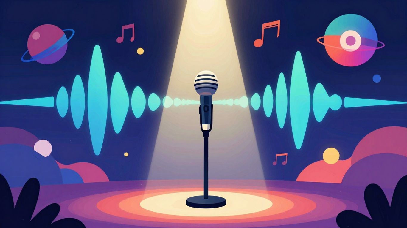 Microphone with sound waves, game-like illustration.