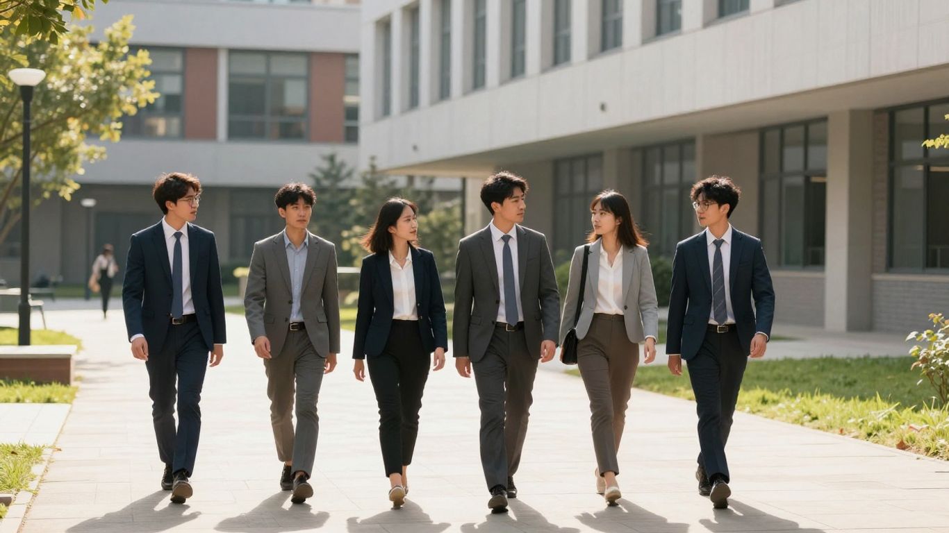 Diverse professionals on a university campus pathway.
