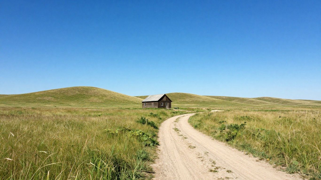 South Dakota prairie with isolated cabin