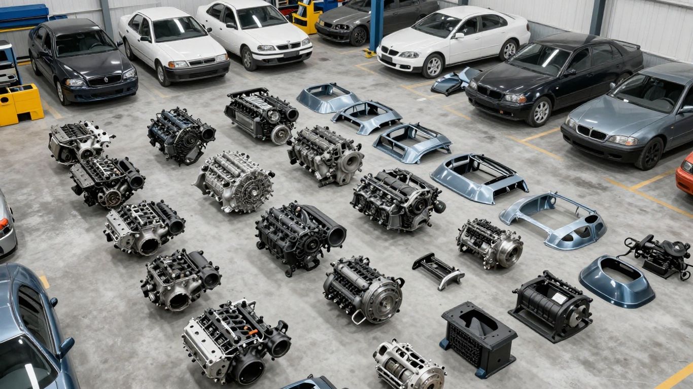 Chrysler car parts at a vehicle dismantler's yard.
