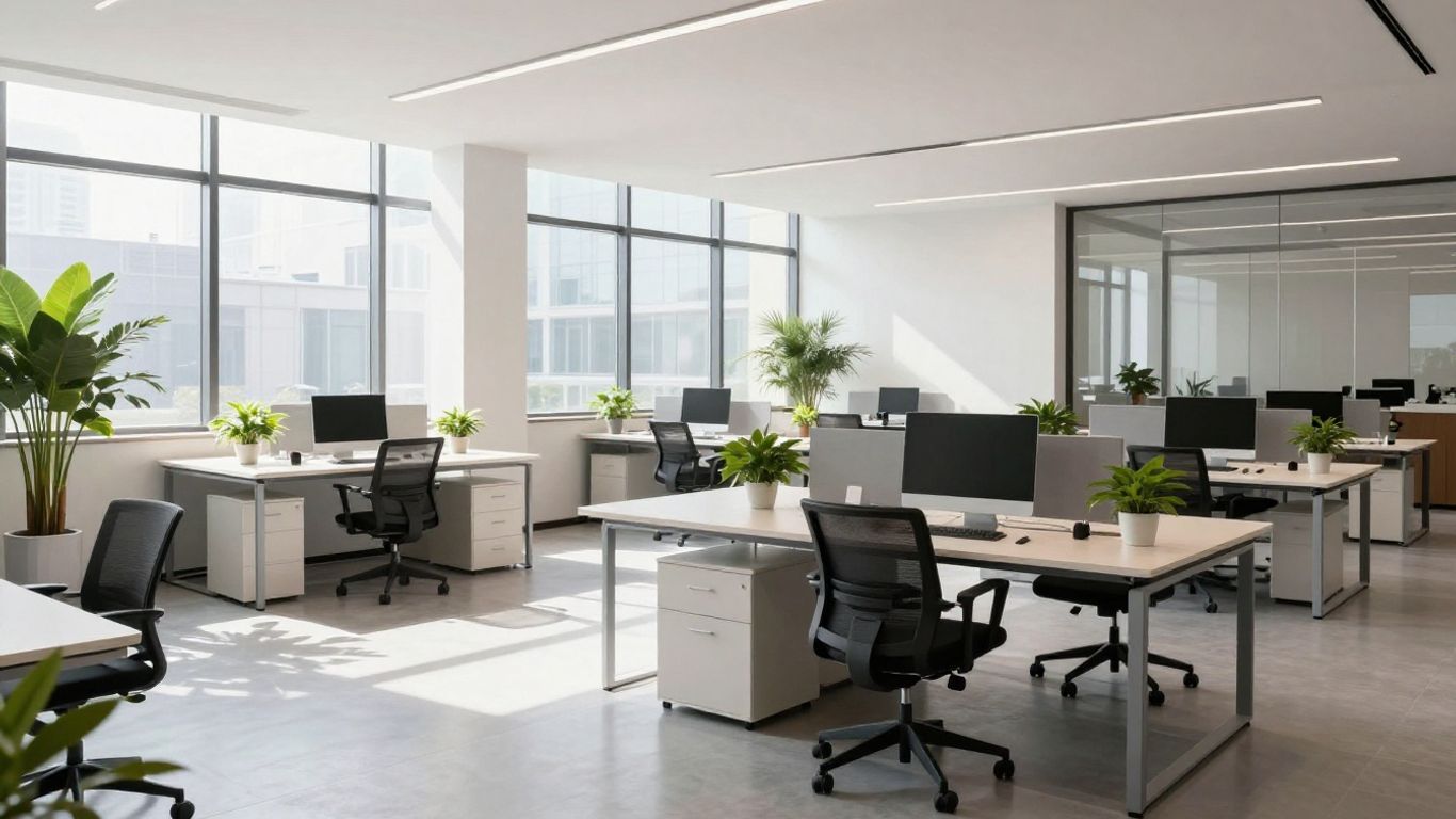 Modern office interior with collaborative desks and natural light.