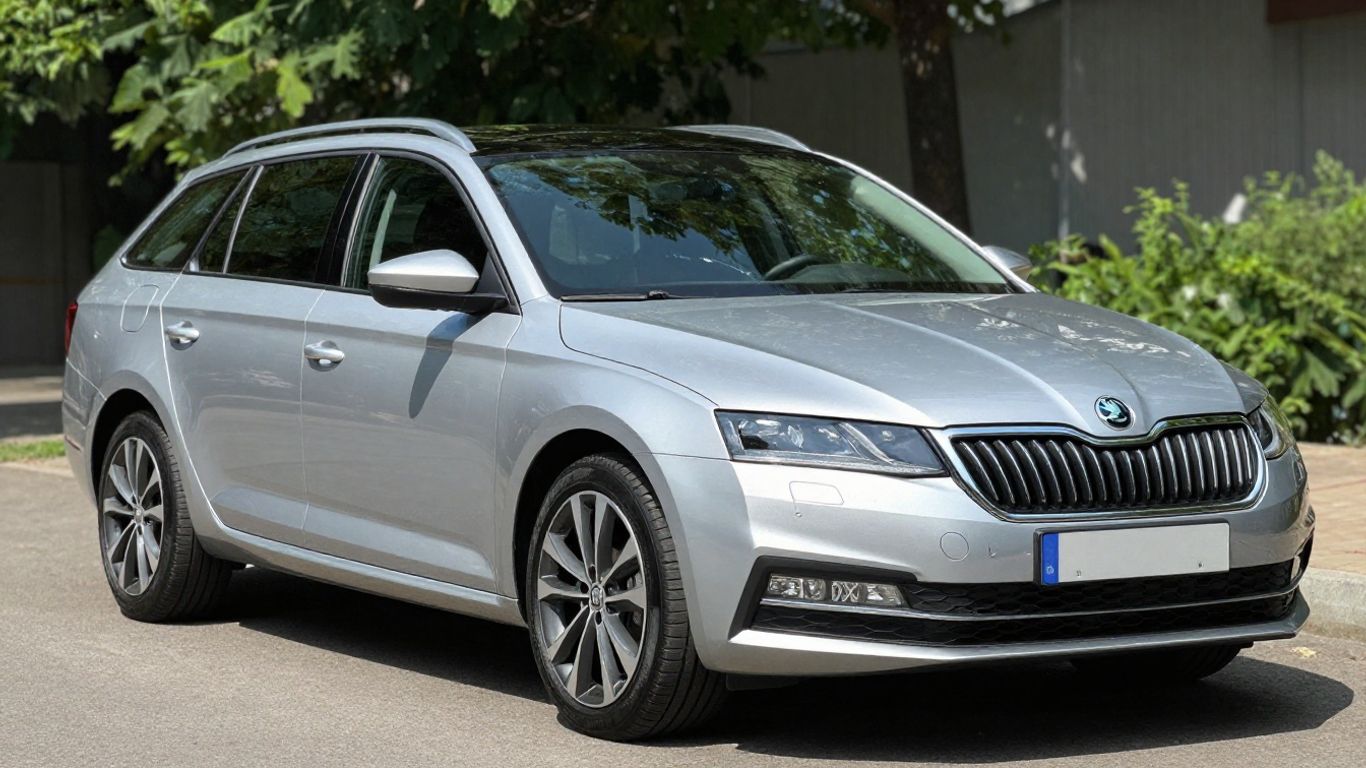 Silberner Skoda Octavia Combi auf einem Parkplatz.