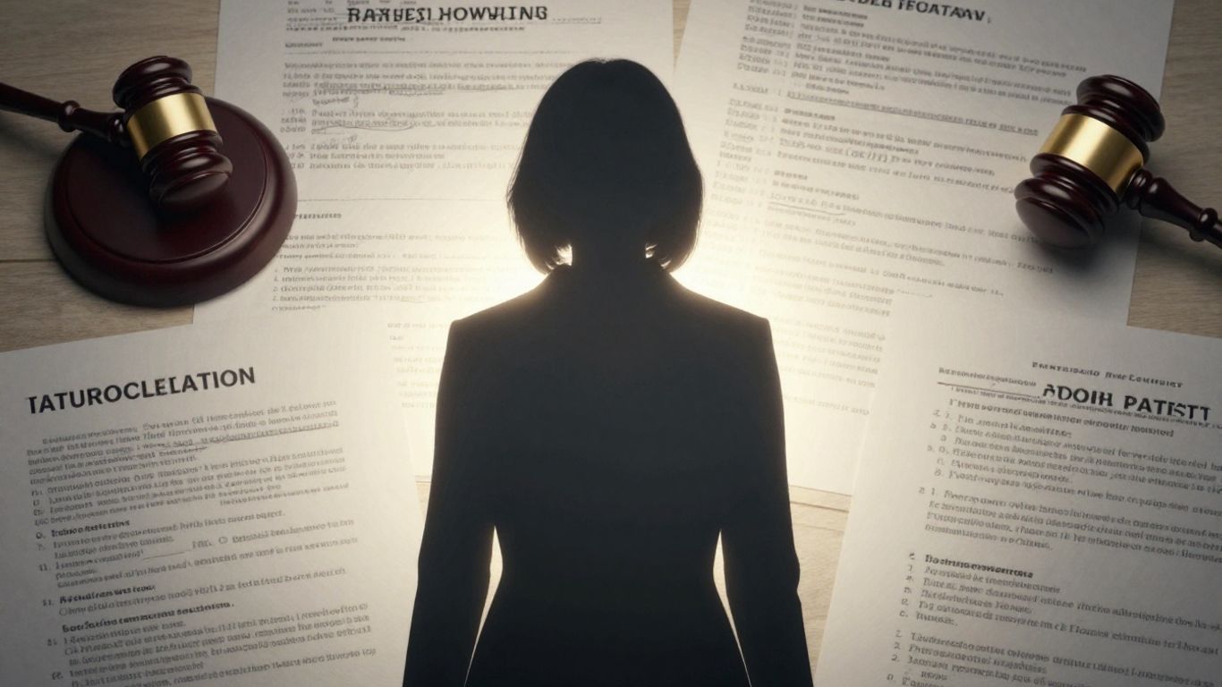 Woman silhouette with legal documents and gavel.