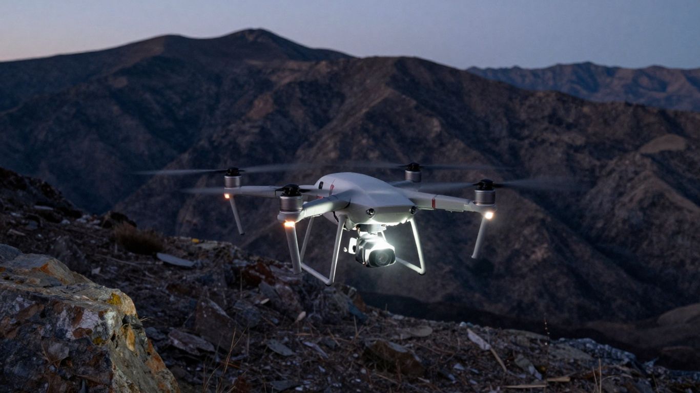 Drone searching remote mountains at dusk.
