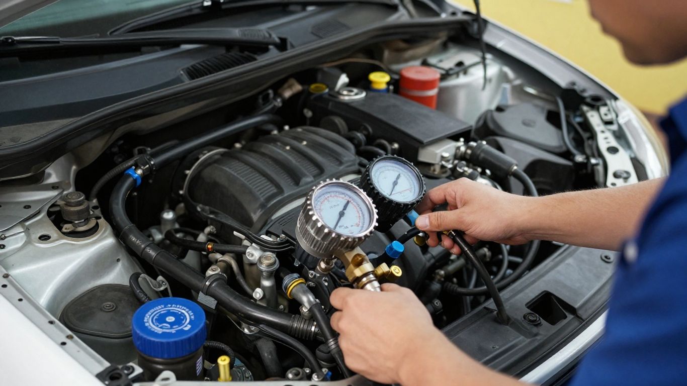 Technician measuring automotive fuel pressure