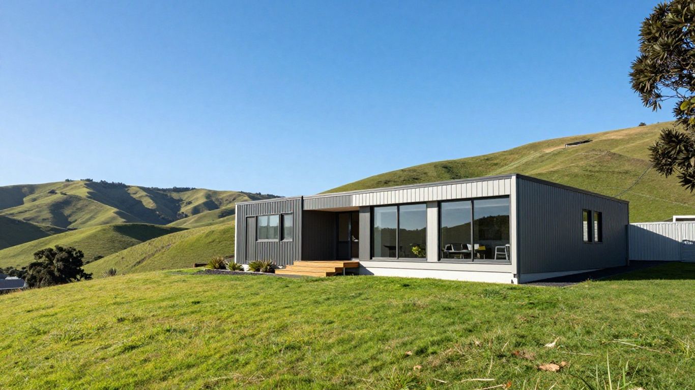 Modern house on green hills in New Zealand