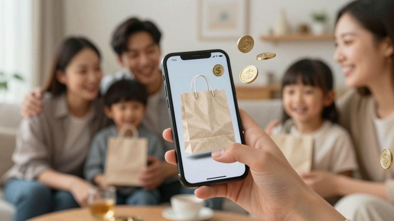 Familia usando teléfono móvil para ahorrar dinero.