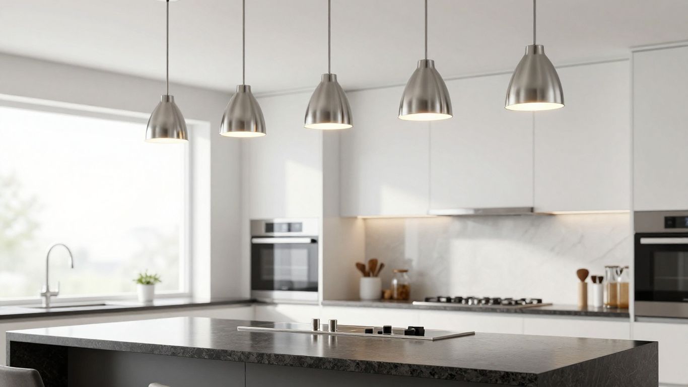 Three modern pendant lights over a kitchen island.
