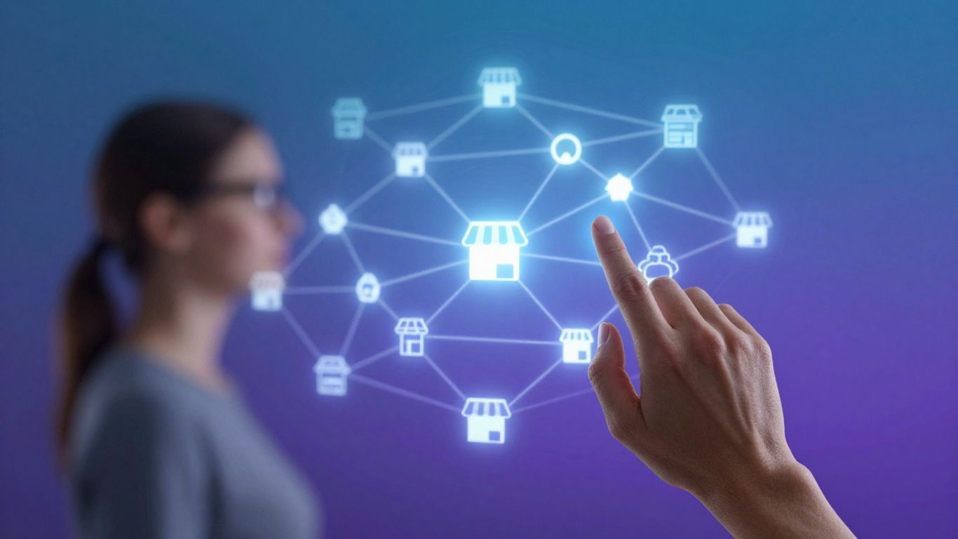 Small business owner observing digital network with shop icons.
