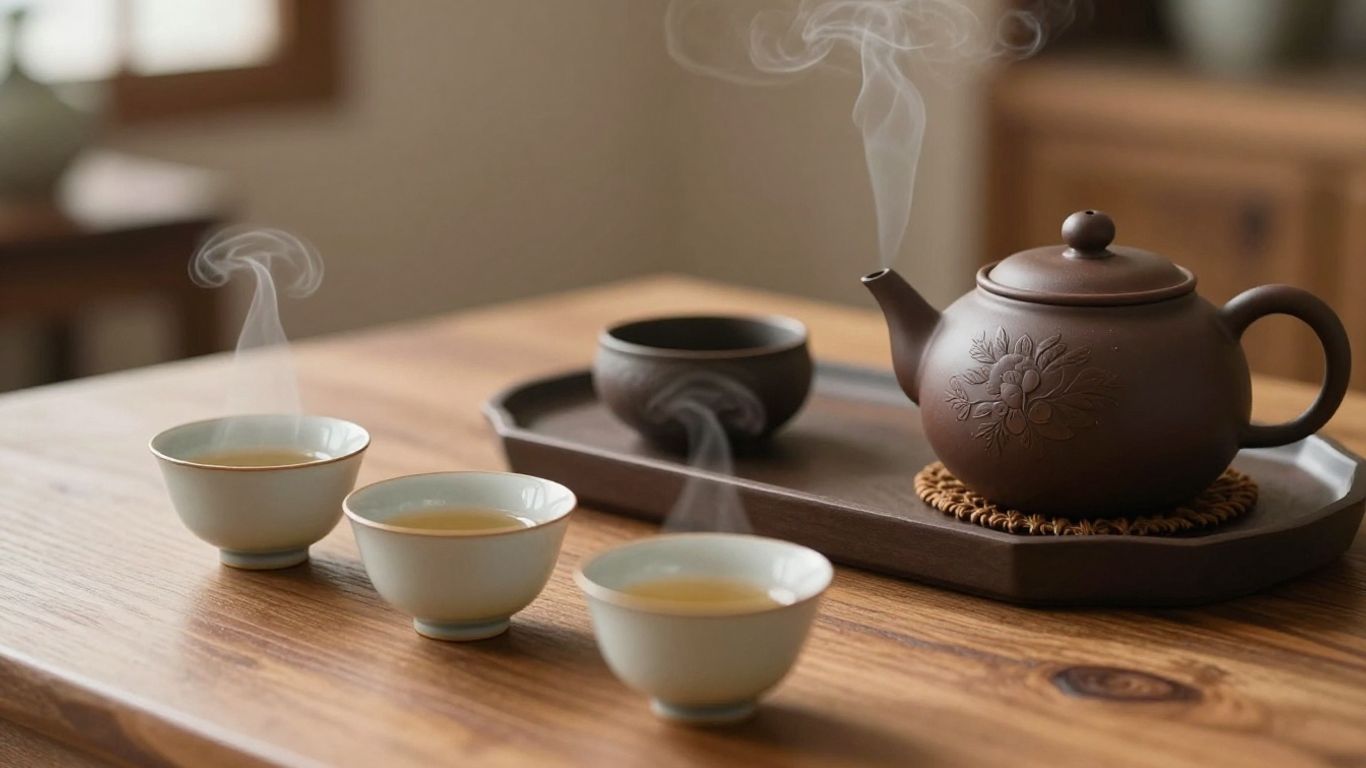 Myrah Penaloza tea ceremony setup with cups and teapot.