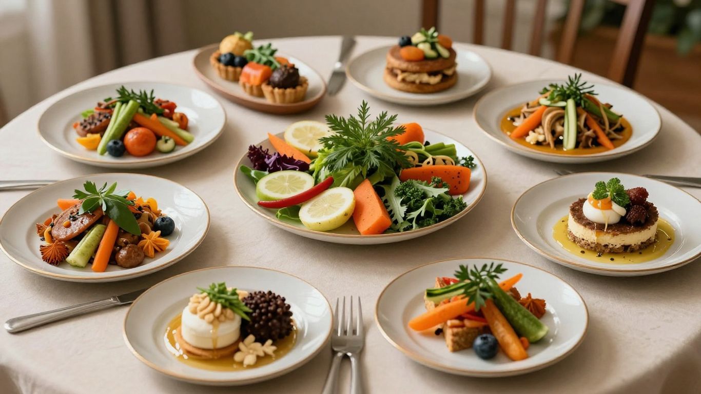 Elegant table setting with diverse dishes and fresh ingredients.