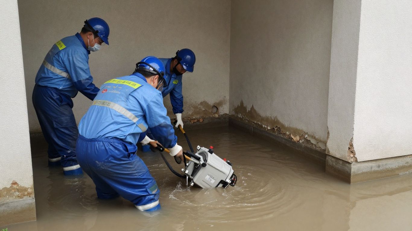 Water removal team working in a flooded Berkeley Lake home.