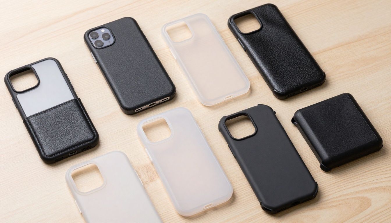 A variety of phone cases in different materials and colours, including clear silicone, black leather, and rugged plastic, laid out on a light wooden surface.