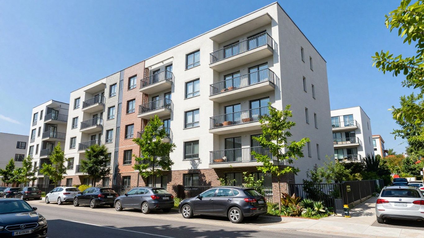 Modernes Wohngebäude unter blauem Himmel 2026