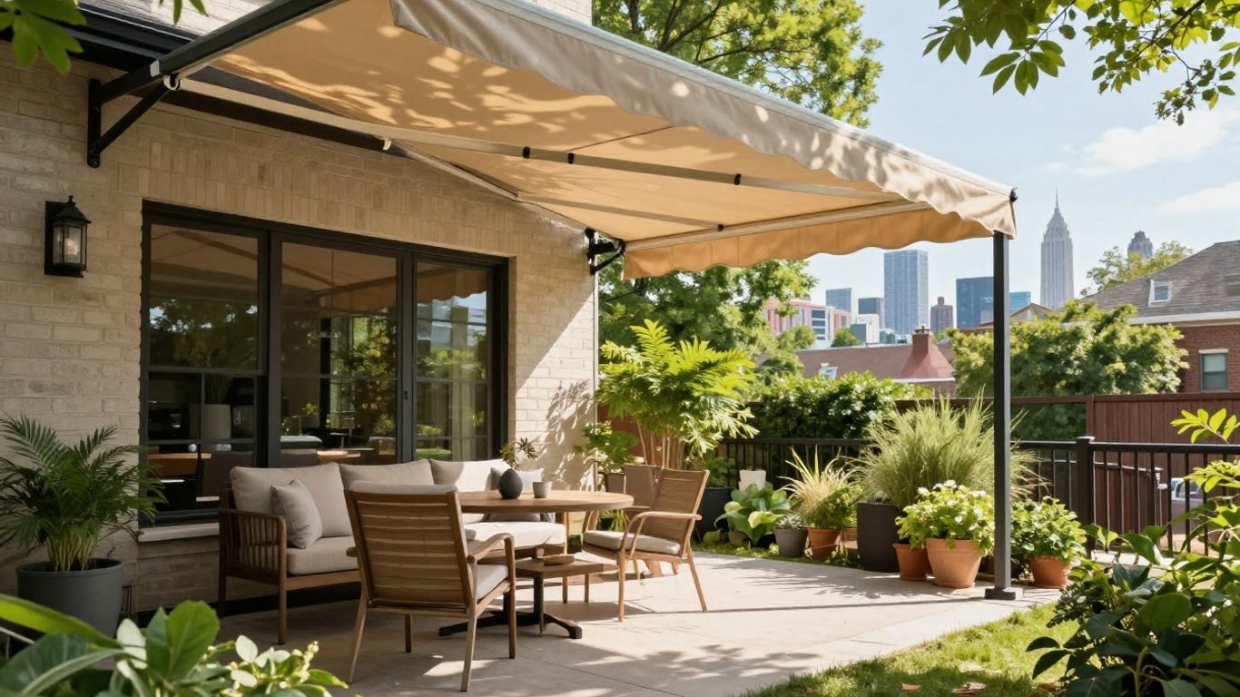 Chicago home with residential awning over patio.