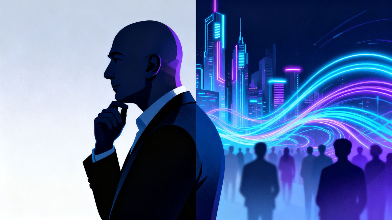 Jeff Bezos looking towards a futuristic city with AI.