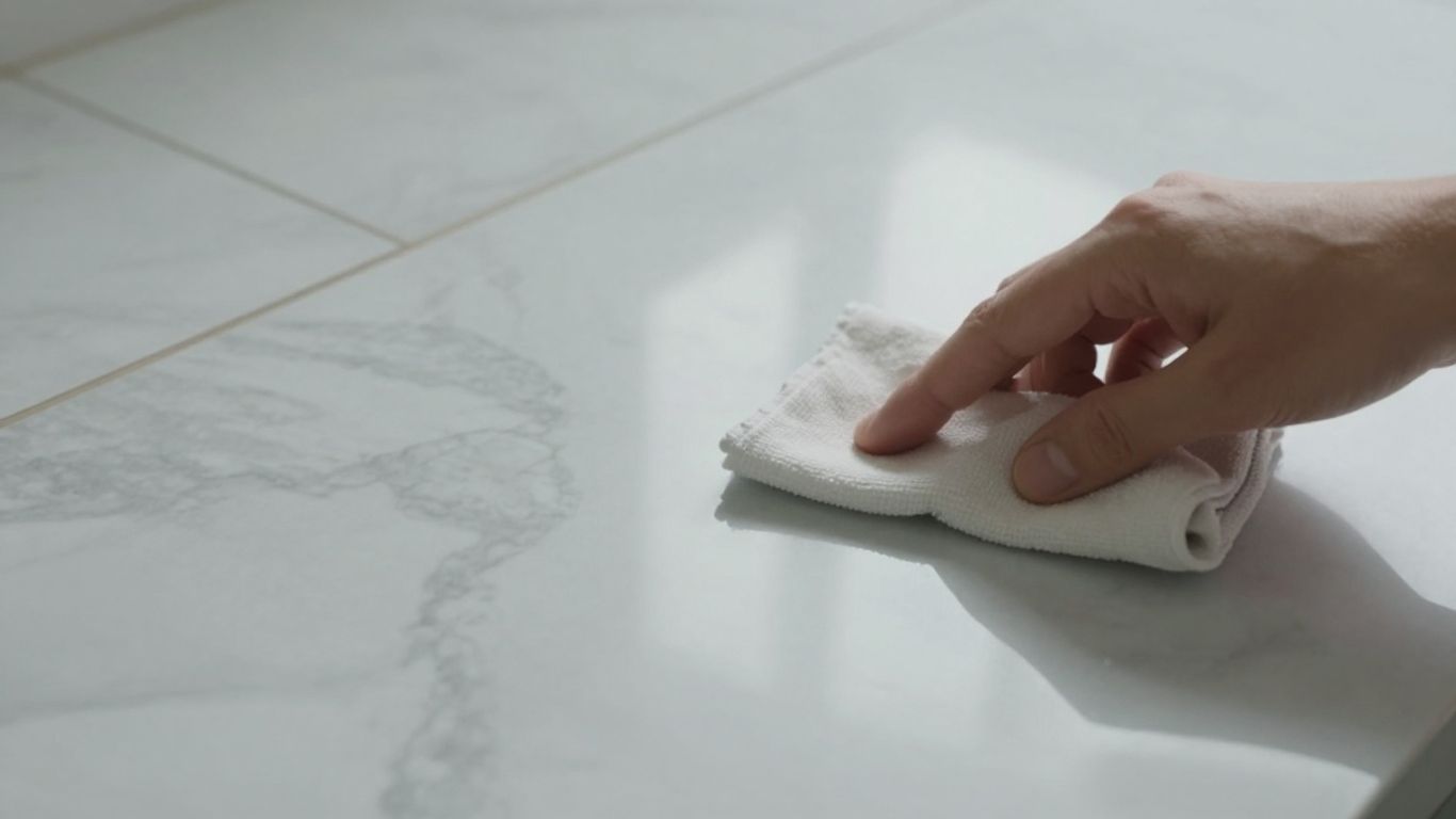 Marble tile floor with hand cleaning it.