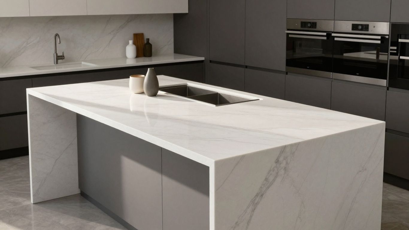 Sleek white quartz countertops in a modern kitchen.