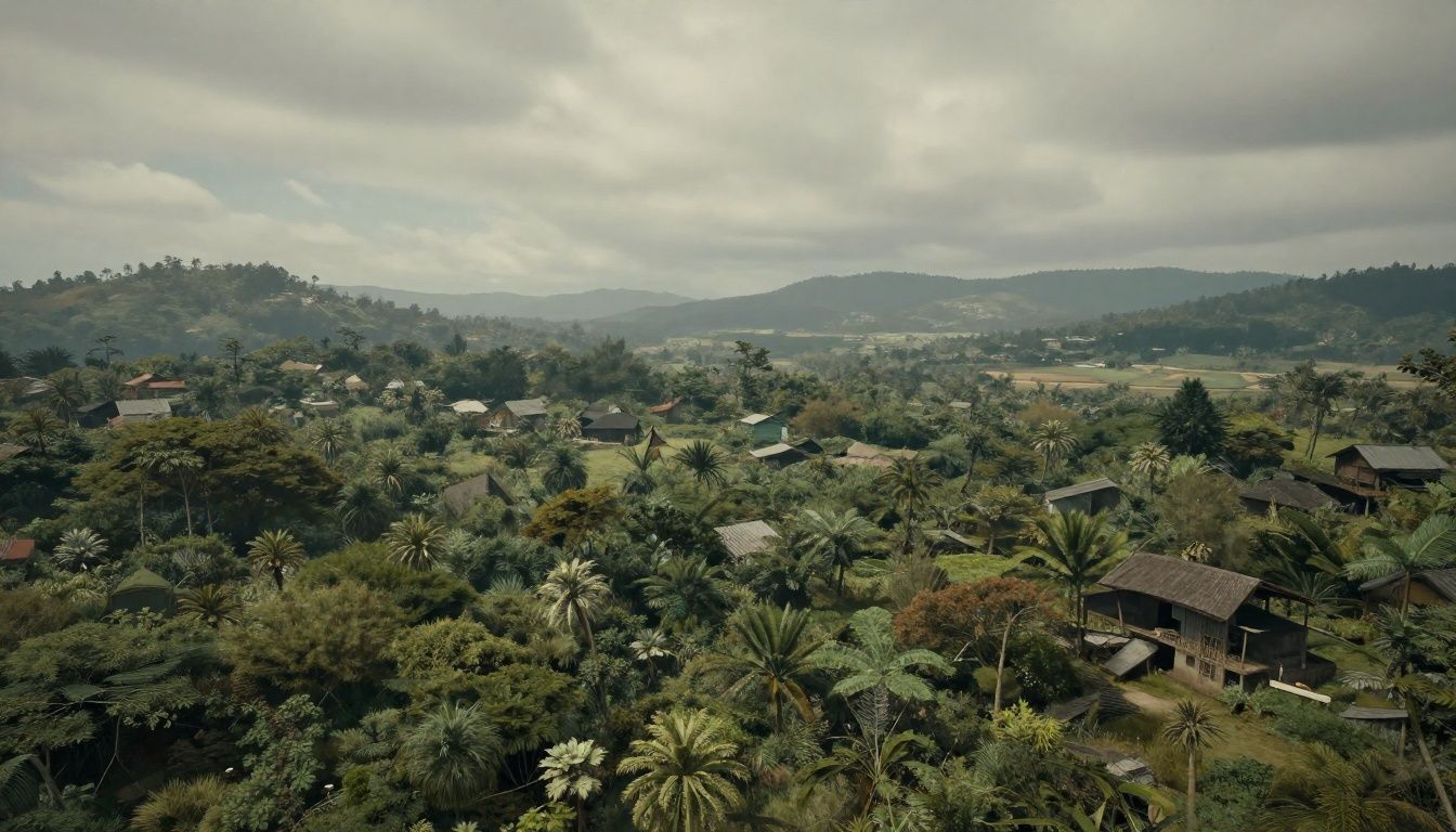 Paisagem densa e realista de um jogo de mundo aberto com atmosfera envolvente