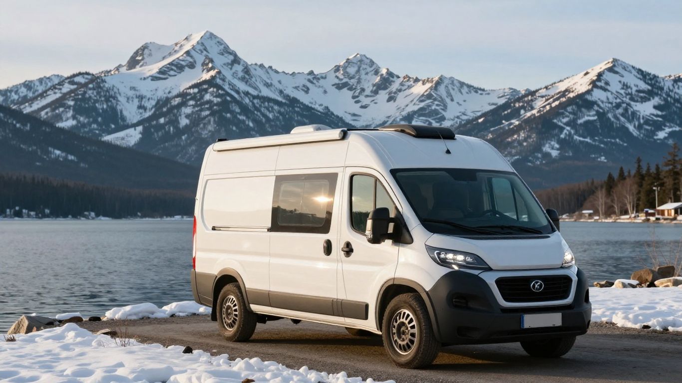 Campervan by a lake in the Canadian mountains.