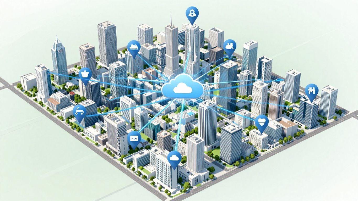 City map with multiple digital location pins connected
